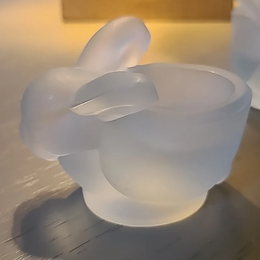 Frosted Glass Rabbit Candle Holders with Blue Candles